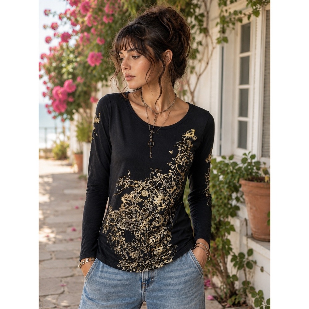 Vintage Y2K Cache Teez Top M Black Gold Foil Filigree Whimsigoth Gothic Tunic